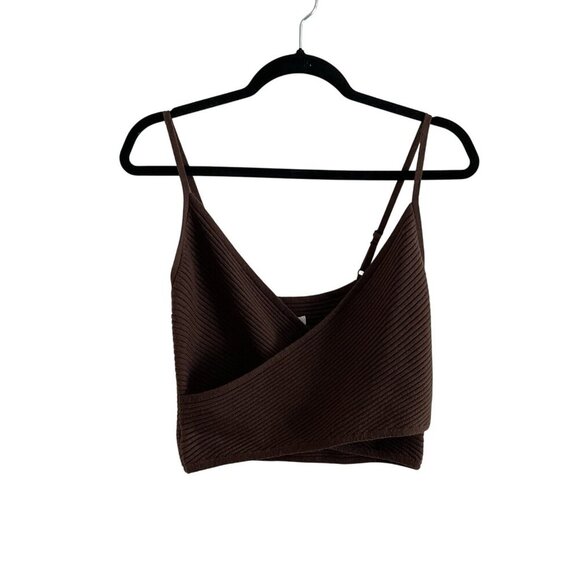 Aerie Women L Brown Ribbed Knit Wool Blend Crop Cross Front Sweater Tank Top NWT - Picture 4 of 14